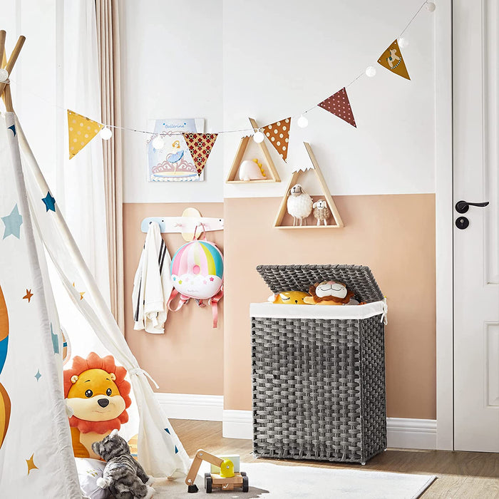 Wäschekorb handgeflochten, 90 L, Wäschesammler aus synthetischem Rattan, mit Deckel und Griffen, faltbar, Wäschesack herausnehmbar, grau