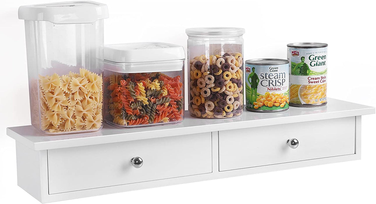 Wandregal, Schweberegal mit 2 Schubladen, Hochglanzoberfläche, bis 15 kg belastbar, 65 x 15 x 10 cm, Flur, Wohnzimmer und Küche, weiß