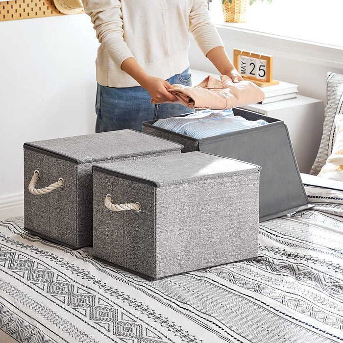 Aufbewahrungsboxen, 3er Set, Stoffboxen mit Deckel, Griffe aus Baumwolle, Leinenoptik, grau
