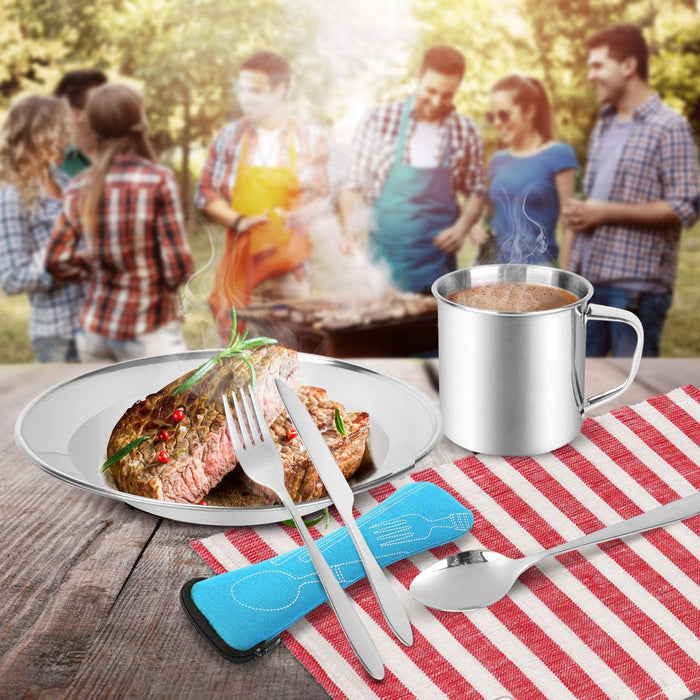 Campingbesteck Set Outdoor Reisebesteck Edelstahl Klappbesteck mit Neoprenhülle Teller Tasse ideal für Outdoor Kochgeschirr Reisen Wandern Camping