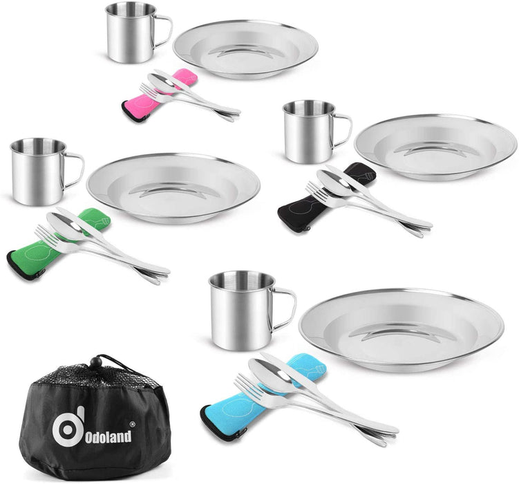 Campingbesteck Set Outdoor Reisebesteck Edelstahl Klappbesteck mit Neoprenhülle Teller Tasse ideal für Outdoor Kochgeschirr Reisen Wandern Camping