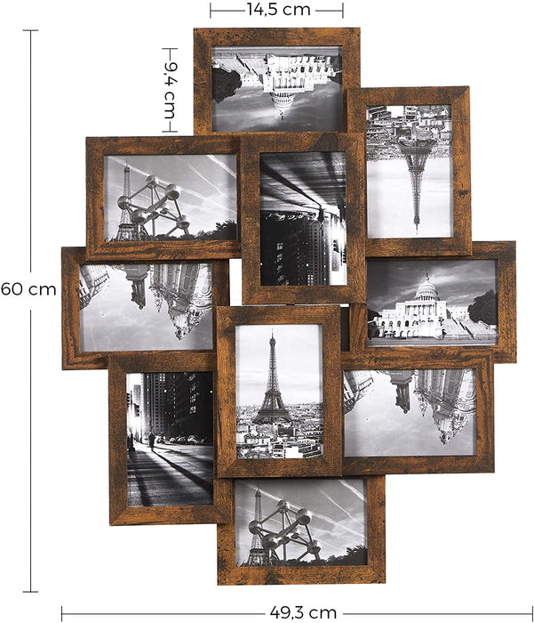 Bilderrahmen-Collage, für 10 Fotos je 10 x 15 cm (4 x 6 Zoll), aus MDF-Platten, Montage erforderlich, vintagebraun