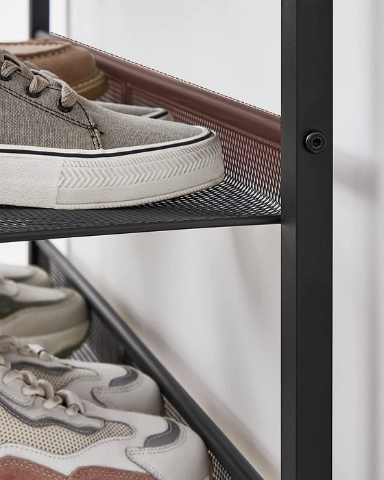 Schuhregal, Schuhablage mit 5 Ebenen und großzügiger Oberfläche für Taschen, für den Eingangsbereich, Flur, Metall, Industrie-Design, vintagebraun