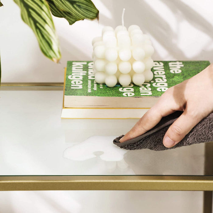 Konsolentisch, Beistelltisch mit 2 Ablagen, Hartglas, Aufbewahrungsregal, Metallgestell, verstellbare Füße, für Wohnzimmer, Flur, goldfarben