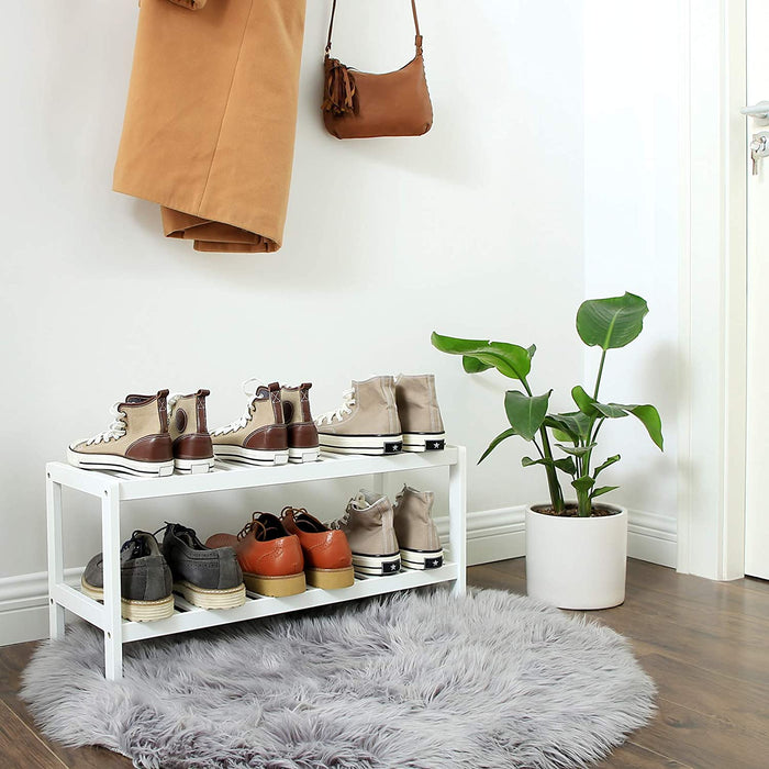 Schuhregal aus Bambus, Schuhablage mit 2 Ebenen, Schuh-Organizer, Regal für Schuhe, Pflanzen, Bücher, Wohnzimmer, Flur, Schlafzimmer, weiß