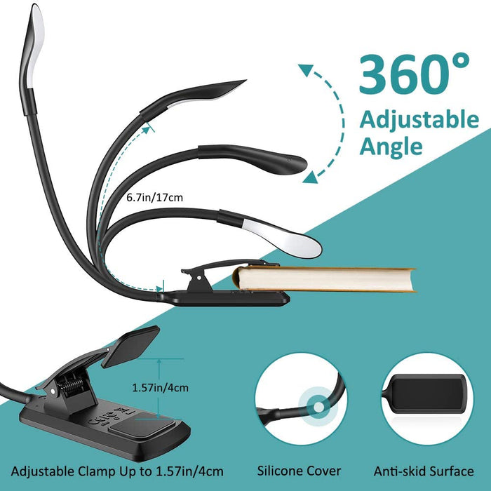 Leselampe Buch Klemme, Touch Switch Klemmlampe USB Wiederaufladbar, 7 LEDs Buchlampe mit 3 Farbtemperatur, 360° Flexibel Augenschutz Mini Dimmbar