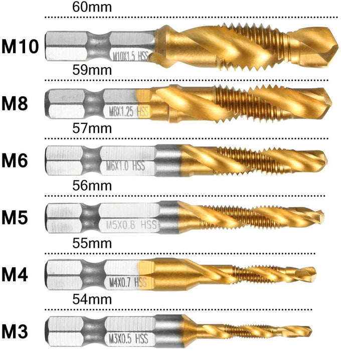 Kombi Bohrer Gewindebohrer, 6 tlg 1/4" HSS M3-M10 Schraube Sechskantschaft Senker Werkzeuge Maschinengewindebohrer Set