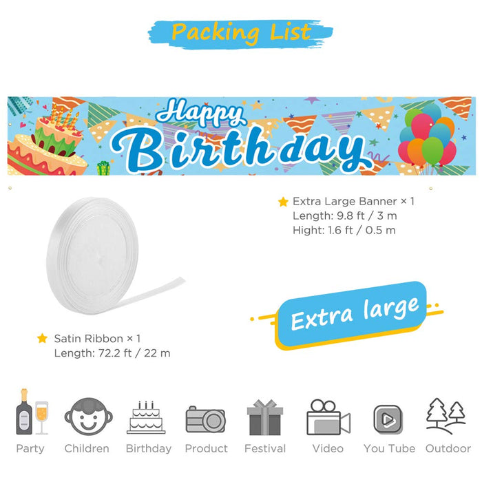 Extra Lange Banner Large Happy Birthday Girlande Geburtstag Banner Blau 3 Meter GAGAKU Geburtstag Party Deko für Garten Tisch Mauer