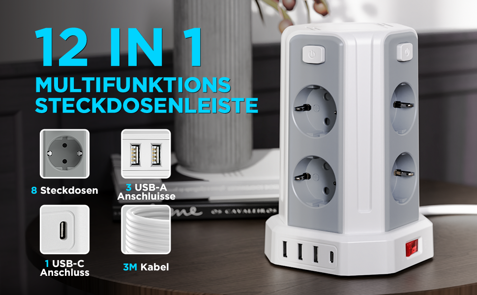 8 Fach Steckdosenleiste mit 3M Kabel, Mehrfachsteckdose mit 3 USB A, 1 USB C, Steckdosenturm mit 5 Schalter, Steckdosenleiste Überspannungsschutz
