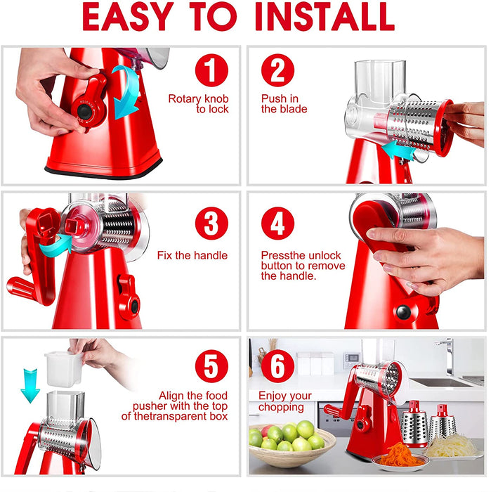 Trommelreibe Gemüseheobel, Käsereibe mit 3 Edelstahl Trommeleinsätze Manuelle Gemüseschneider für Käse, Gurken, Karotten-Schnittfeste Handschuhe