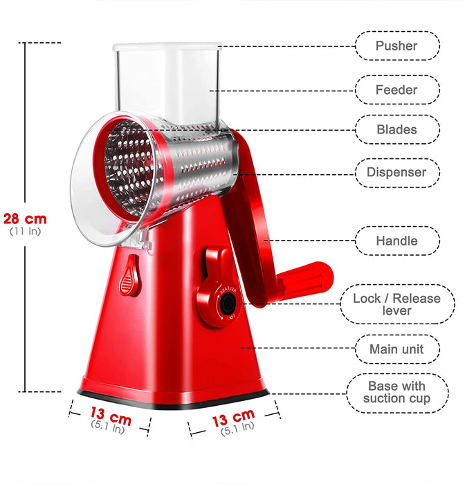 Trommelreibe Gemüseheobel, Käsereibe mit 3 Edelstahl Trommeleinsätze Manuelle Gemüseschneider für Käse, Gurken, Karotten-Schnittfeste Handschuhe