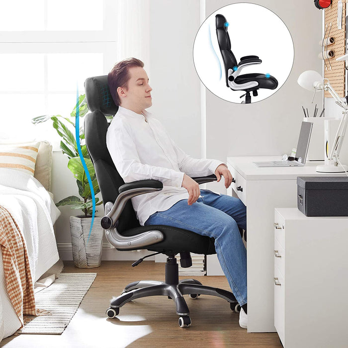 Bürostuhl, ergonomischer Drehstuhl, mit klappbaren Armlehnen, Nylon-Sternfuß, Tragfähigkeit 150 kg, schwarz