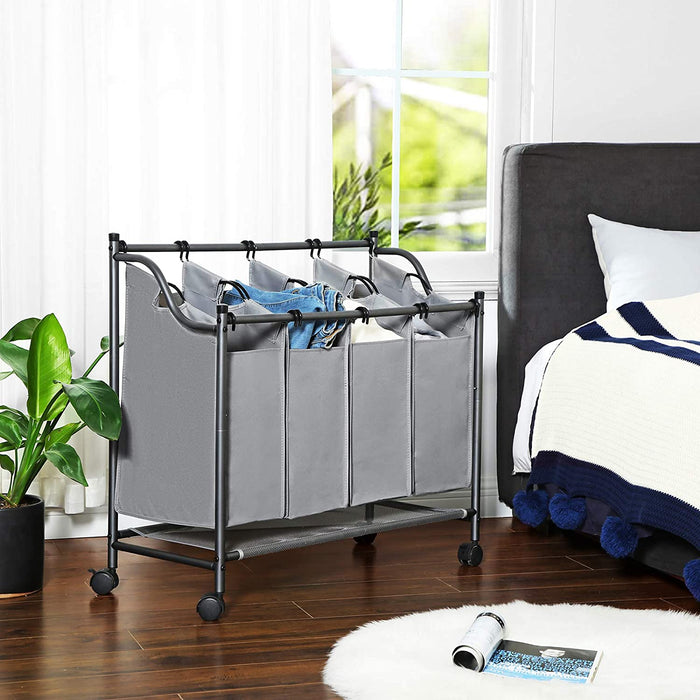 Wäschekorb mit 4 Fächern, Wäschesortierer, Wäschesammler, mit Rädern, abnehmbare Taschen, Spielzeugaufbewahrung, 4 x 35 Liter, grau