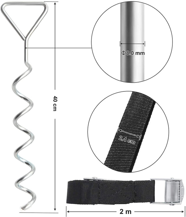 Bodenanker für Trampoline, Spiral-Bodenverankerung, Set aus Erdankern aus verzinktem Eisen und Polyester-Gurten mit Stahl-Schnallen