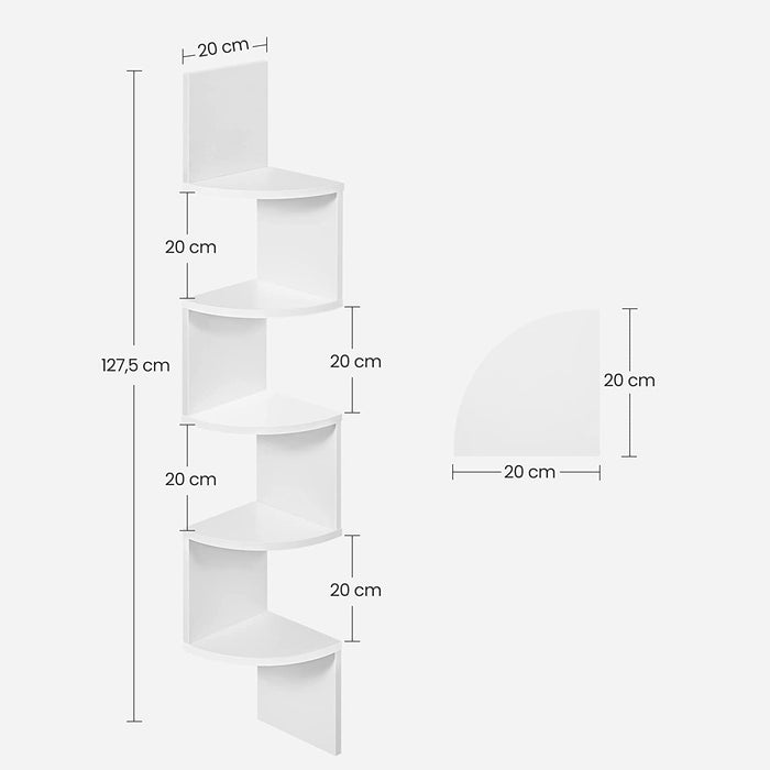 Eckregal, 5 Ebenen Hängeregal, Wandregal mit Zickzack-Design, Bücherregal, Weiß 20 x 20 x 127,5cm