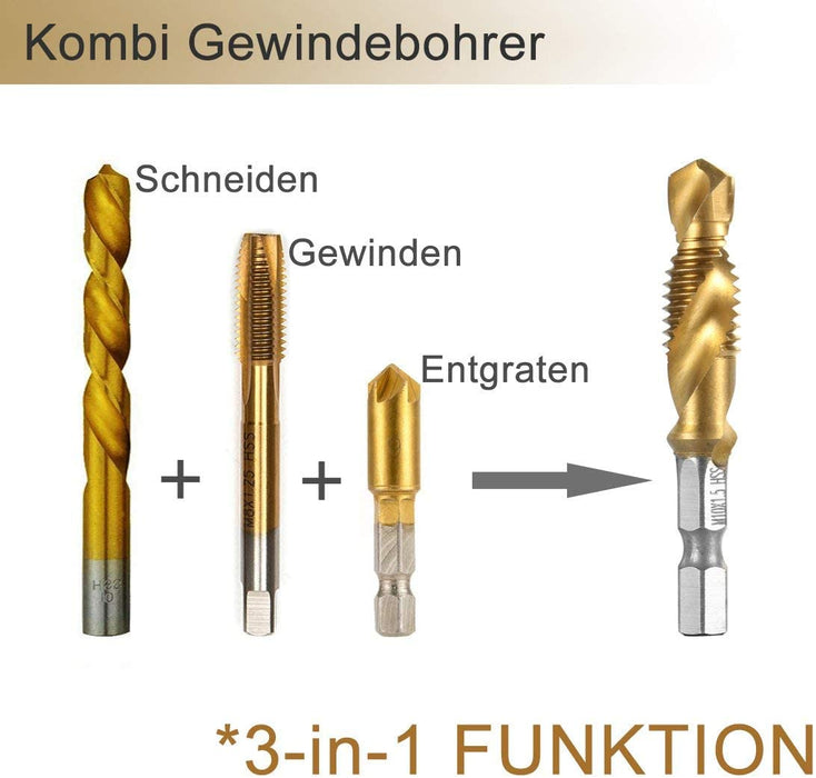 Kombi Bohrer Gewindebohrer, 6 tlg 1/4" HSS M3-M10 Schraube Sechskantschaft Senker Werkzeuge Maschinengewindebohrer Set