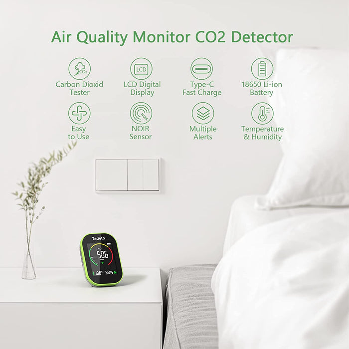 CO2 Messgerät Tadeto 3 in 1 Co2 Melder mit Umgebungstemperatur und Luftfeuchtigkeit, 3,5" Großer Bildschirm mit Einstellbarer Helligkeit co2 Messgerät
