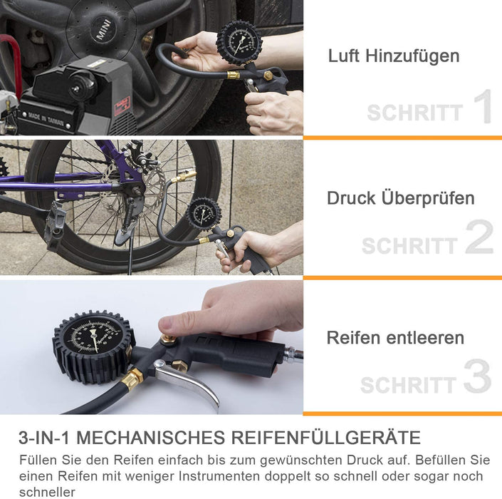 3-IN-1 Reifenfüller mit großem Leuchtende Zifferblatt Reifenfüll-Messgerät(Manometer-Messbereich 0-12Bar 170 PSI) Reifendruckprüfer Luftdruckprüfer