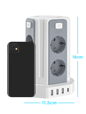 8 Fach Steckdosenleiste mit 3M Kabel, Mehrfachsteckdose mit 3 USB A, 1 USB C, Steckdosenturm mit 5 Schalter, Steckdosenleiste Überspannungsschutz