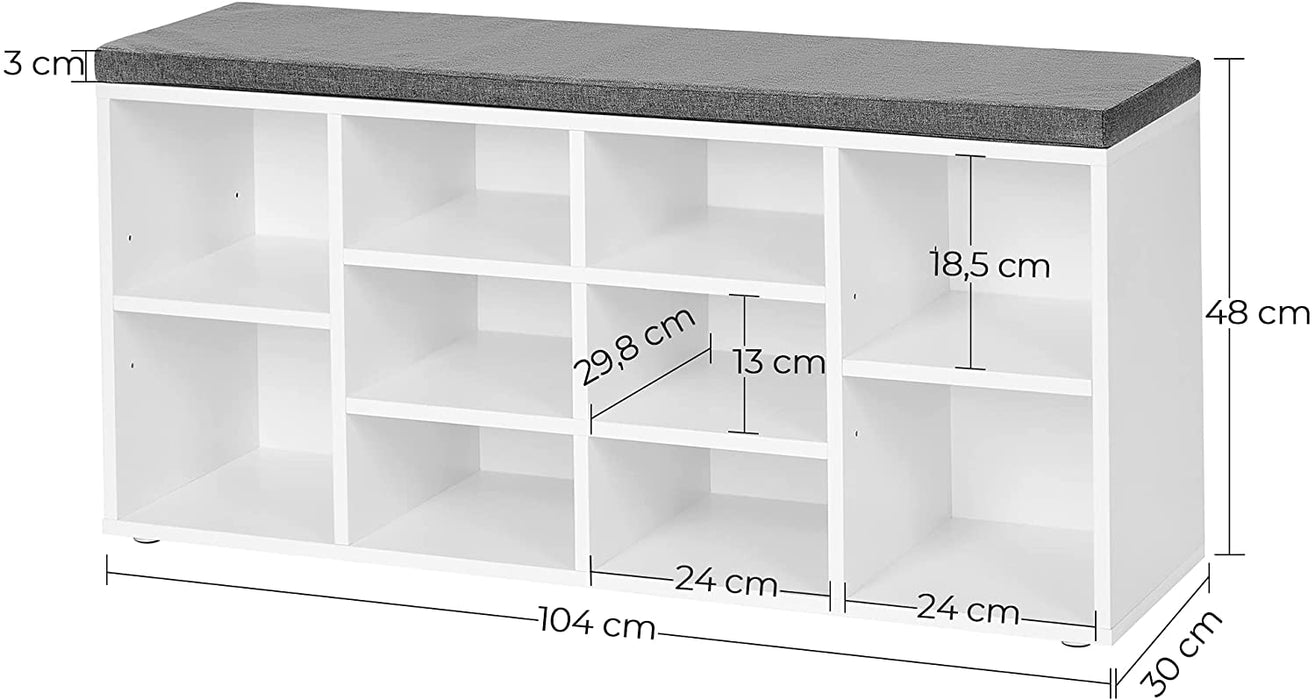 Schuhbank, Schuhregal, Schuhaufbewahrung, Sitzbank, 10 Fächer, mit Polsterung, für den Eingangsbereich, Flur, Schlafzimmer, 104 x 30 x 48 cm, weiß