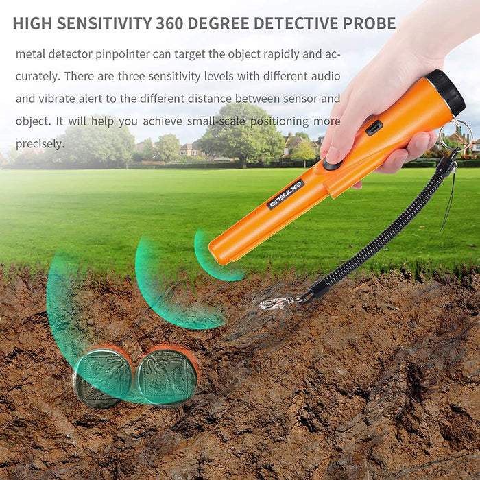 Tragbar Metallsuchgerät, Metallpointer Metalldetektor Metall Pin Pointer IP66 Wasserdichter eingebautem LED Indicator/Alarm Licht/ 360° Scan/Holster