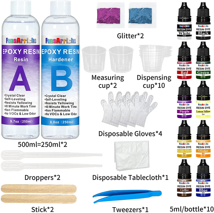 Epoxidharz Set Anfänger 500ml, Glasklar Epoxy Resin Gießharz Mit Epoxidharz Farbe, Glitzer, holzstäbchen, Handschuhe, messbecher, für Kunstprojekt