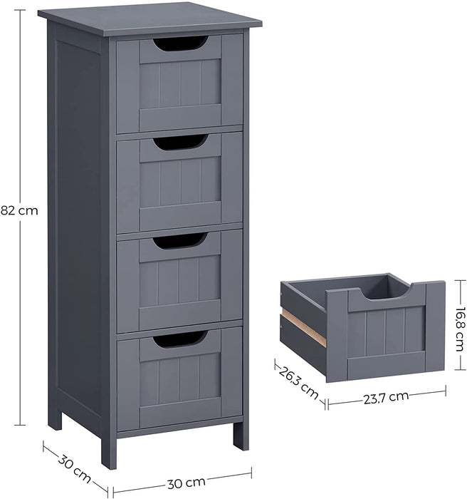 Badezimmerschrank, schmaler Badschrank aus Holz mit 4 Schubladen, 30 x 30 x 82 cm, Wohnzimmer, Schlafzimmer, Flur, tief, freistehend, Grau