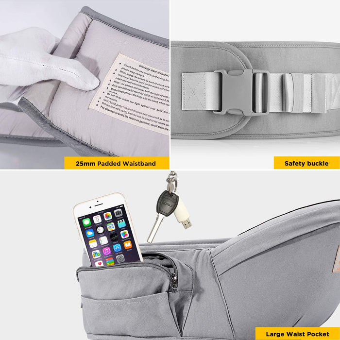 Baby Hüftsitz Leichte Taille Hocker 4 Tragepositionen für Kinder 0-36 Monate Neugeborenes - Grau