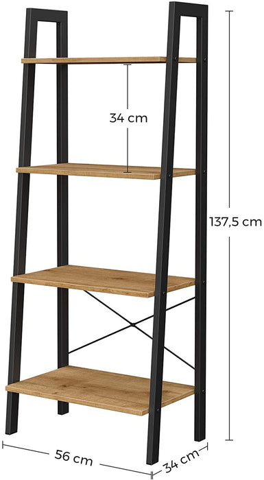 Standregal, Bücherregal, 4 Ebenen Leiterregal, stabiles Metallgestell, einfache Montage, für Wohnzimmer, Schlafzimmer, Küche, honigbraun-schwarz
