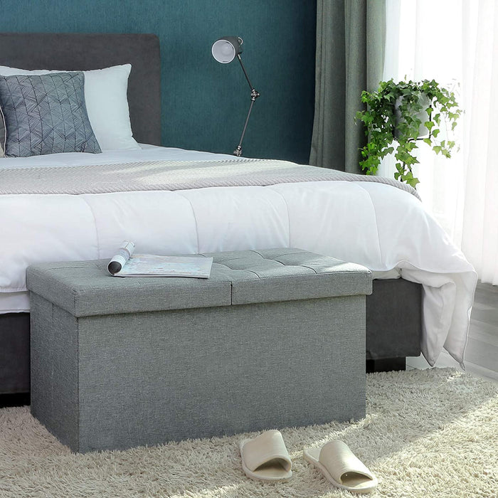 Sitzbank mit Stauraum, Sitztruhe mit Klappdeckel, Aufbewahrungsbox, faltbar, max. statische Belastbarkeit 300 kg, 80 L, 76 x 38 x 38 cm, Leinenimitat, hellgrau