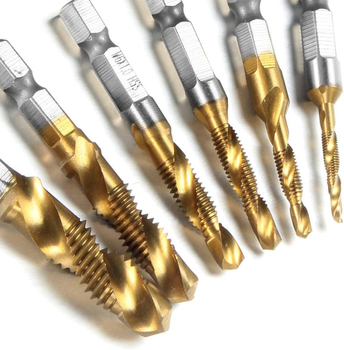 Kombi Bohrer Gewindebohrer, 6 tlg 1/4" HSS M3-M10 Schraube Sechskantschaft Senker Werkzeuge Maschinengewindebohrer Set