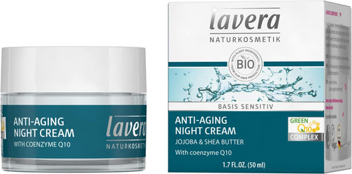 lavera Anti Falten Nachtcreme Q10 - Basis sensitiv - Feuchtigkeit & Pflege - Anti Aging Nachtpflege - Creme pflegt & strafft die Haut - vegan - Bio - Naturkosmetik - Gesichtscreme mit Jojoba (1x50ml)