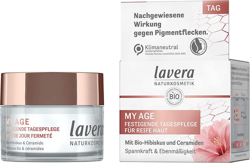 lavera MY AGE Festigende Tagespflege - Tagescreme mit Bio-Hibiskus und Ceramiden pflanzlichen Ursprungs - mindert Pigmentflecken - für reife Haut - zertifizierte Naturkosmetik - vegan - 50 ml