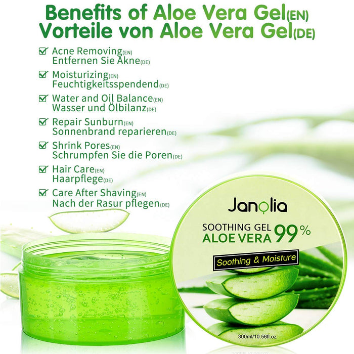 Aloe Vera Gel, 300ml Aloe Vera Gesicht Gel, Natürlich Aloe Vera Extrakt, Beruhigend und feuchtigkeitsspendend, Sonnenschutz und Selbstbräuner