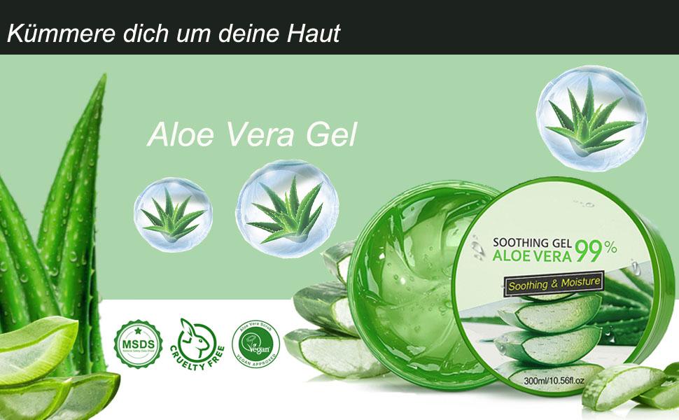 Aloe Vera Gel, 300ml Aloe Vera Gesicht Gel, Natürlich Aloe Vera Extrakt, Beruhigend und feuchtigkeitsspendend, Sonnenschutz und Selbstbräuner