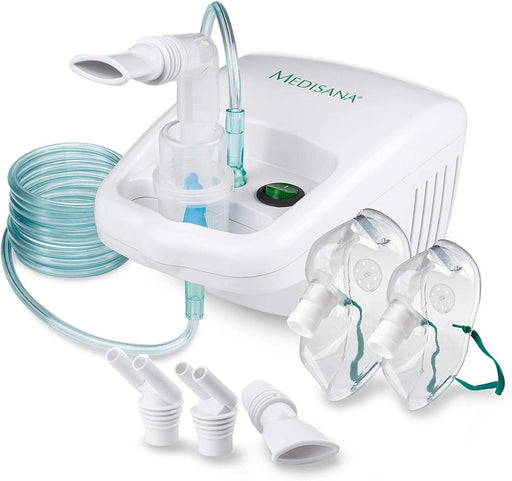 medisana Inhalator, Kompressor Vernebler mit Mundstück und Maske für Erwachsene und Kinder, bei Erkältungen oder Asthma mit extra viel Zubehör und langem Schlauch, Weiß/Transparent