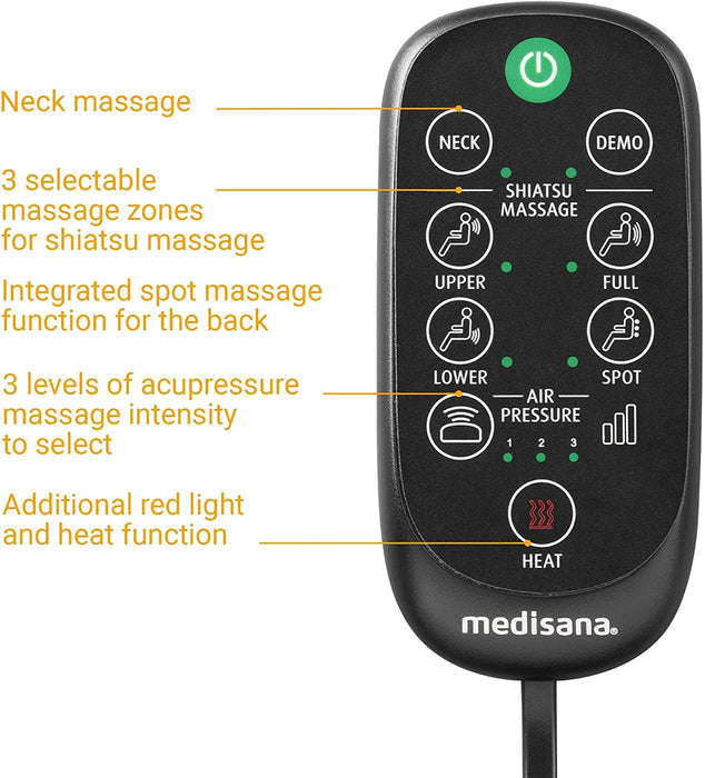 Medisana Shiatsu Massageauflage für Rücken und Nacken, Massagesitzauflage mit Akupressur, Nackenmassage, Wärmefunktion, 3 Intensitäten