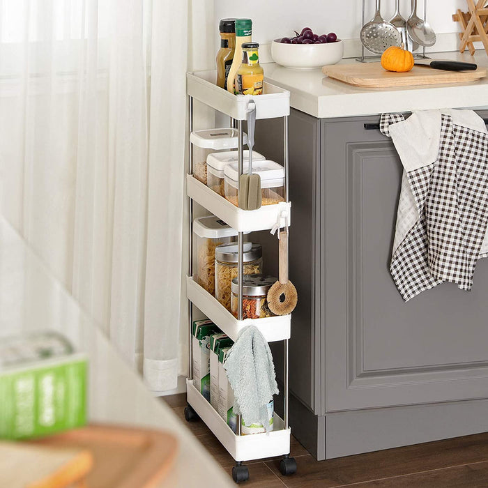 Rollwagen, Küchenwagen mit 4 Ebenen, Küchenregal, Nischenregal auf Rollen, Badregal, platzsparend, 40 x 13,5 x 86 cm, weiß