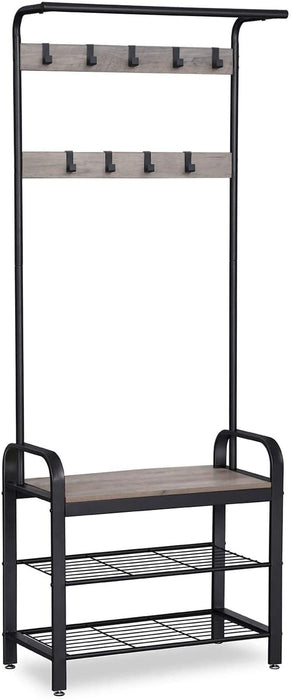 Garderobenständer, Garderobe, Schuhregal mit Sitzfläche, Kleiderständer mit 9 abnehmbaren Haken, Sitzbank, Industrie-Design, Greige-schwarz