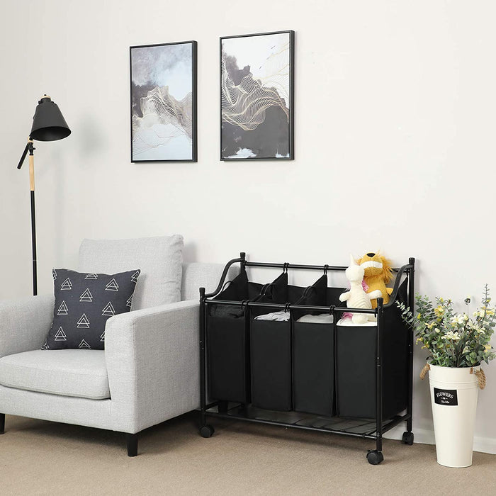 Wäschekorb mit 4 Fächern, Wäschesortierer, Wäschesammler, mit Rädern, abnehmbare Taschen, Spielzeugaufbewahrung, 4 x 35 Liter, schwarz