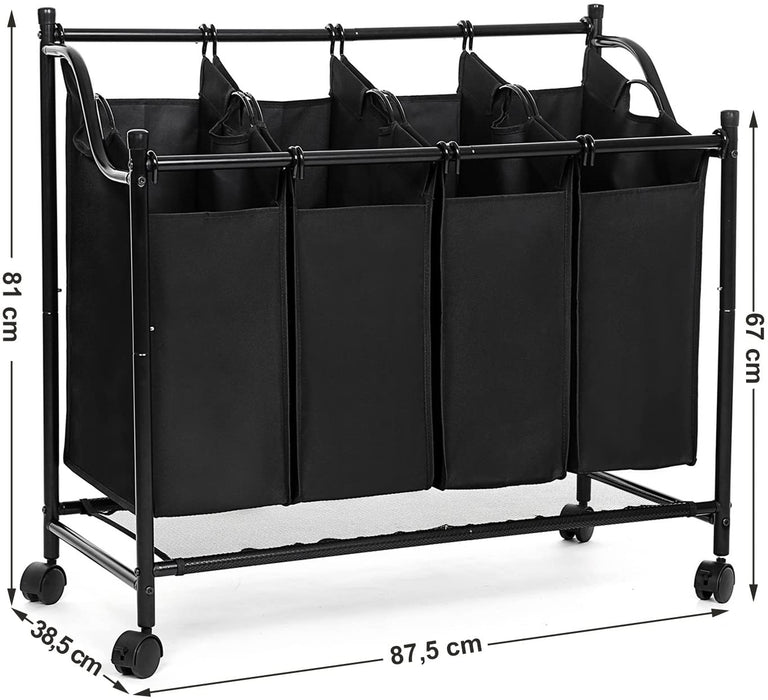 Wäschekorb mit 4 Fächern, Wäschesortierer, Wäschesammler, mit Rädern, abnehmbare Taschen, Spielzeugaufbewahrung, 4 x 35 Liter, schwarz