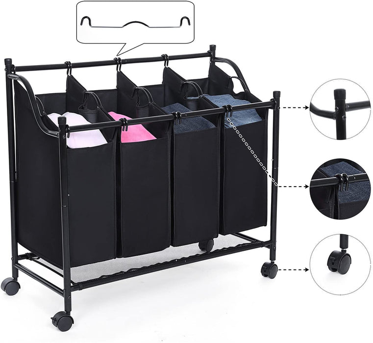 Wäschekorb mit 4 Fächern, Wäschesortierer, Wäschesammler, mit Rädern, abnehmbare Taschen, Spielzeugaufbewahrung, 4 x 35 Liter, schwarz
