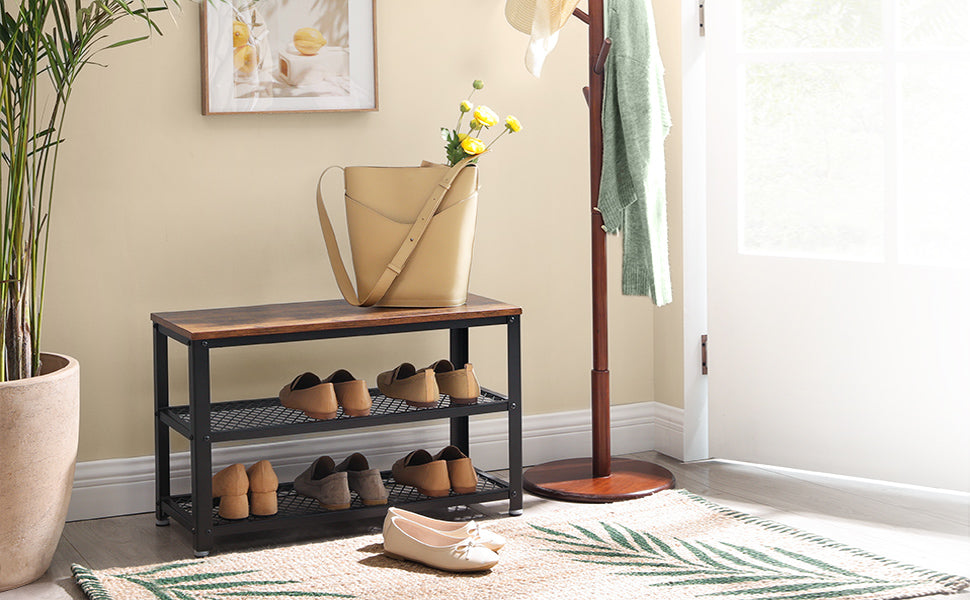 Schuhbank, Schuhregal mit 2 Ablagen, Aufbewahrung für Schuhe, 73 x 30 x 45 cm, für Eingangsbereich, Flur, Wohnzimmer, Metallgestell, Industrie-Design