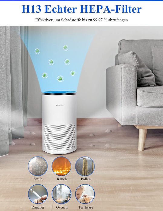 A8 Luftreiniger Allergie mit App Steuerung, 55㎡, H13 HEPA-Kombifilter, Leiser Betrieb, gegen Allergie, Gerüche, Pollen, Luftreiniger für Raucher, weiß