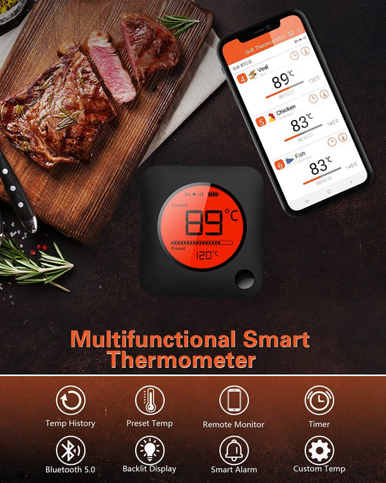 Bluetooth Grillthermometer, Digital Funk BBQ Thermometer mit 2 Sonden Fleischthermometer Bratenthermometer für Küche, Ofen, Fleisch und Flüssigkeit