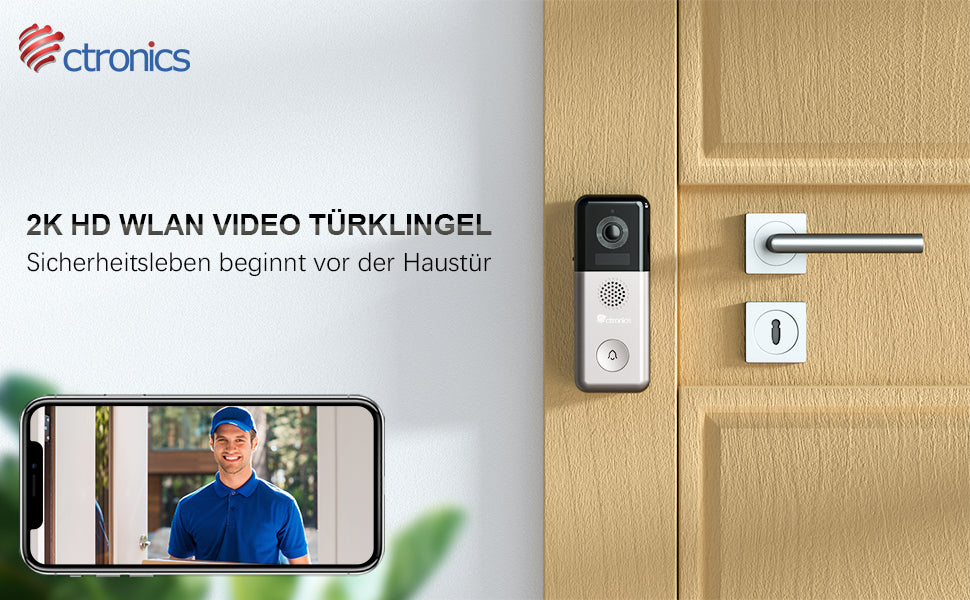 WLAN Video Türklingel mit Kamera 2K HD, Ctronics 10000mAh Akku Kabellose Video Doorbell mit Gong, PIR Personenerkennung, Erweiterte WLAN Verbindung