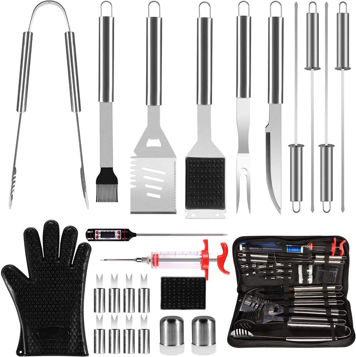 25pcs Edelstahl Grillbesteck Set im Koffer Grillkoffer Grillzubehör Set für Männer Grill Werkzeugset mit Geschenkverpackung, Camping BBQ Grillset