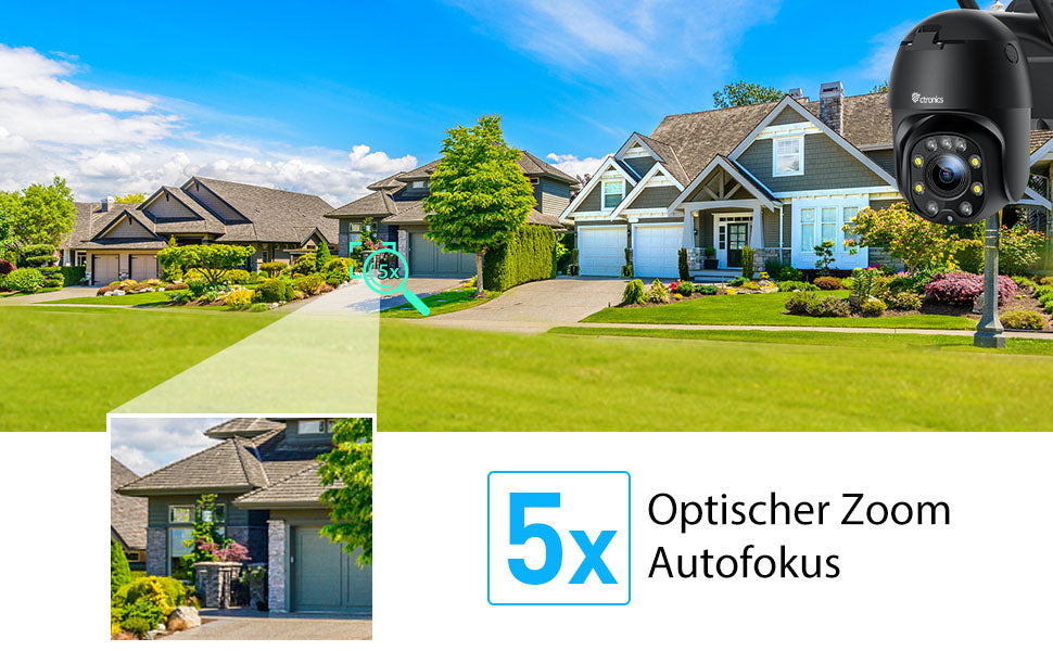 5X Optischer Zoom Überwachungskamera Aussen WLAN, Ctronics Dome PTZ WiFi IP Kamera Outdoor mit Mensch Bewegungsmelder, Automatische Verfolgung