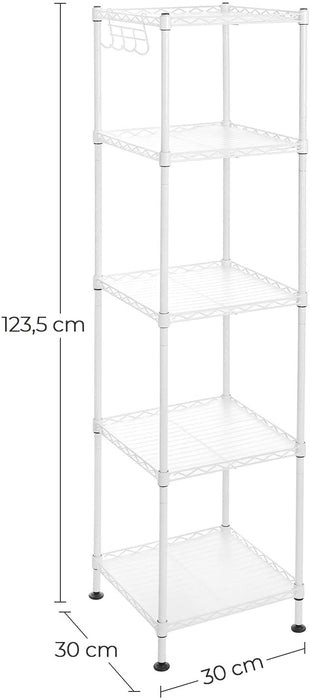 Badezimmerregal, Standregal, Metallregal, bis 100 kg belastbar, mit 5 PP-Platten, abnehmbare Haken, 30 x 30 x 123,5 cm, erweiterbar, für kleine Räume