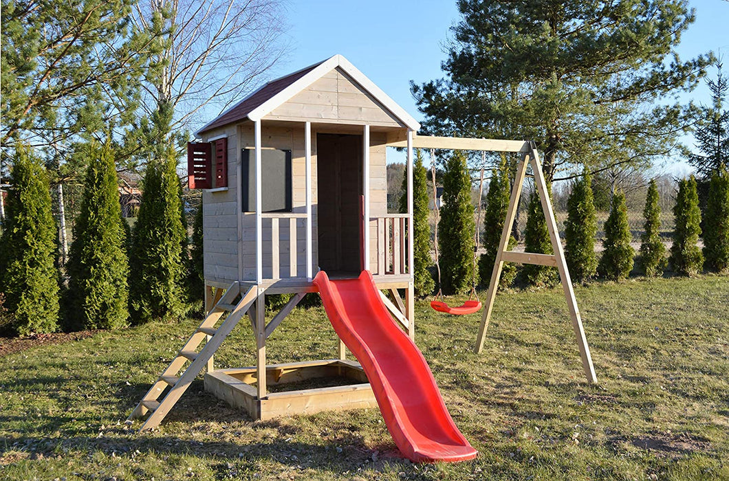 Spielhaus Garten Holz | Spielhaus Kinder Holz | Spielturm mit Rutsche und Baby Schaukel | Klettergerüst Outdoor Spielplatz für Garten